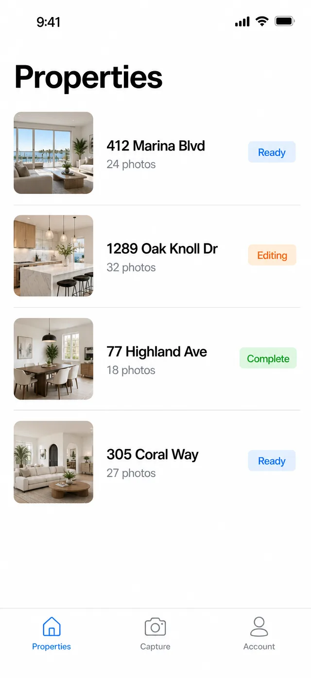 The Avenu app showing a real estate agent's recent property shoots