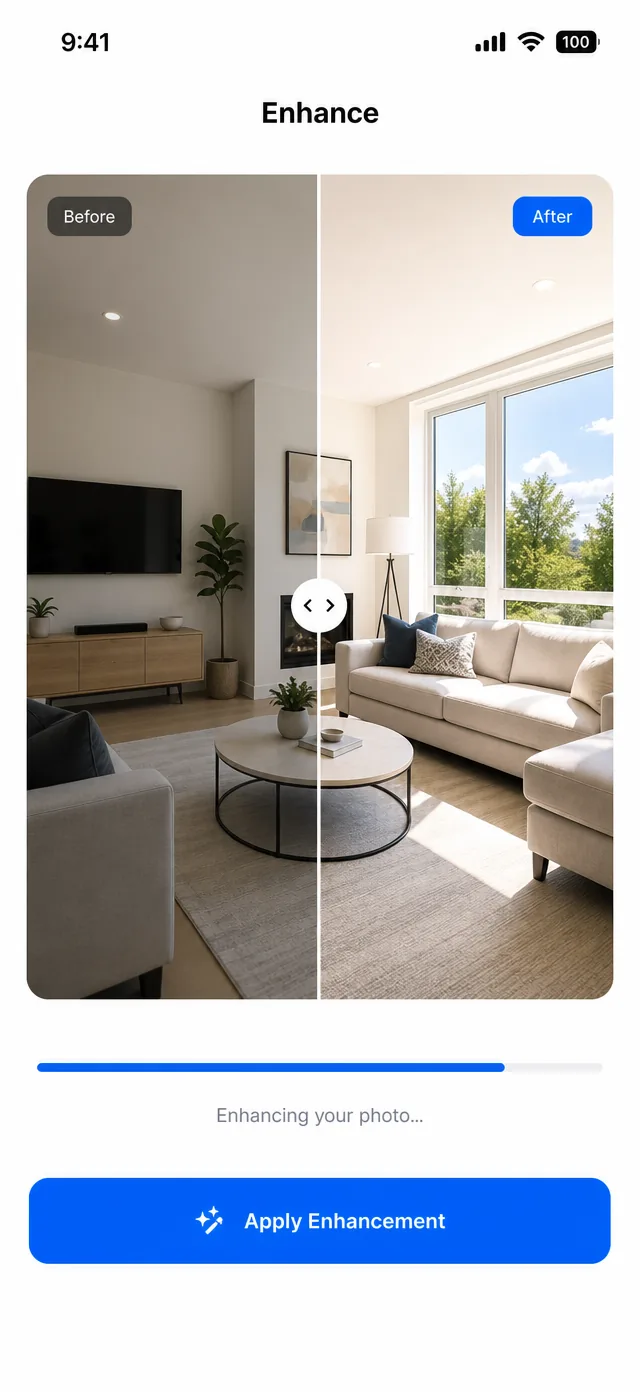 A before and after comparison of a listing photo inside the Avenu app